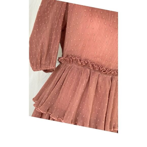 English Factory Size L Tiered Ruffled Midi Dress Mauve Brown Swiss Dot Flouncy - Picture 12 of 16